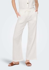 White, lightweight, relaxed-fit pants with a drawstring waist, side pockets, and textured fabric. Paired with brown flat sandals.