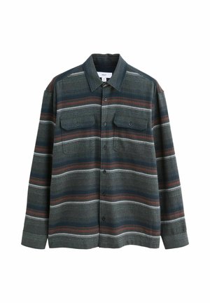 Gewebtes Shirt in Dunkelgrün mit mehrfarbigen horizontalen Streifen. Verfügt über zwei Brusttaschen, einen Knopfverschluss und einen klassischen Kragen.