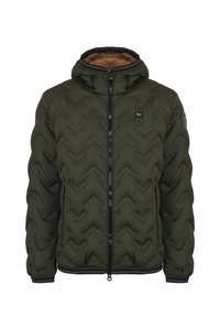 Giacca imbottita verde oliva con cappuccio, caratterizzata da un design a rombi, chiusura frontale con zip e polsini a costine neri. L'interno è marrone.