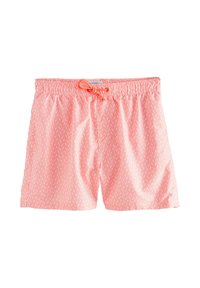 Herre badetights i koral med et hvidt bølgemønster, med elastik i taljen og snøre til justerbar pasform.