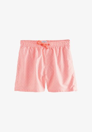 Meeste ujumispüksid korallitoonis, valge lainemustriga, millel on elastne vöökoht ja pael reguleeritava sobivuse tagamiseks.