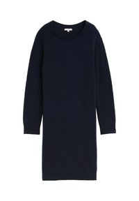 Marineblaues Strickkleid mit langen Ärmeln, rundem Ausschnitt und gerippten Bündchen sowie Saum. Glatte Textur mit entspanntem Schnitt.
