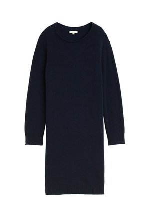 Marineblaues Strickkleid mit langen Ärmeln, rundem Ausschnitt und gerippten Bündchen sowie Saum. Glatte Textur mit entspanntem Schnitt.