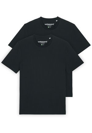Two black crew-neck t-shirts made of cotton, featuring short sleeves and plain design with a small logo on the neckline.