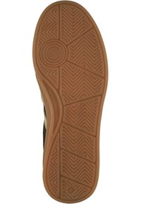 Rubber shoe sole with a textured surface featuring zigzag patterns and branding, in brown with a circular logo. Size indicator visible.