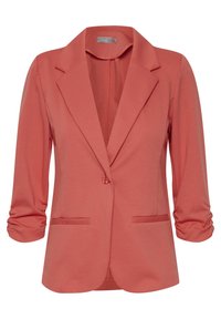 Blazer corail en tissu lisse, doté d'un col cranté, d'une fermeture à bouton unique et de deux poches avant avec manches retroussées trois-quarts.