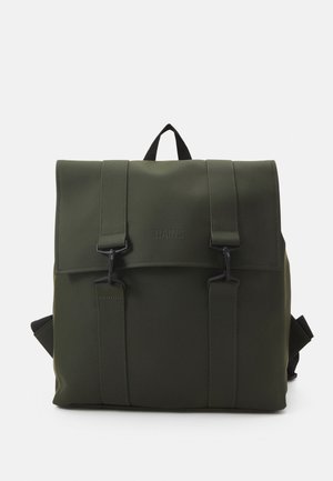 Green waterproof backpack with a roll-top design, featuring black hardware, two front straps, and a top handle for carrying.