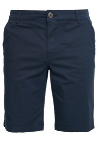 Marina-blå shorts i bomullsblandning. Har knappstängning, framfickor och en skräddarsydd passform med sömdekor.