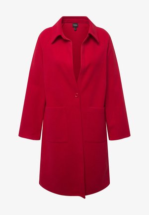 Rood wollen mengsel jas met een kraag, enkele knoopsluiting, twee voorzakken en driekwartmouwen. Gladde textuur.