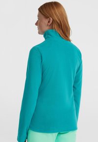 Pullover in pile turchese con colletto alto. Tessuto morbido, maniche lunghe e design aderente. Cuciture minimali e nessun motivo.