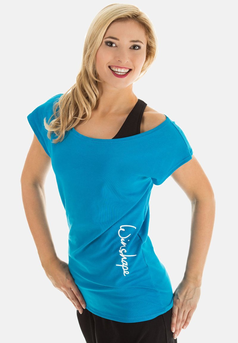Blue short-sleeve t-shirt with a wide neckline and a fitted style, featuring "Winshape" text in white along the side. Smooth texture.