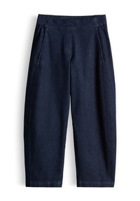 Dark blue denim pants with an elastic waistband and side pockets, displayed flat against a white background.