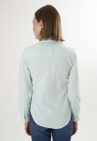 Camicia button-up a righe verde chiaro e bianca con maniche lunghe, orlo stondato e colletto classico. Tessuto morbido.