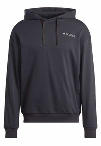 Sudadera negra con capucha, hecha de una tela suave, que cuenta con un escote con cordones y puños y dobladillo elásticos. Logo en el lado izquierdo del pecho.