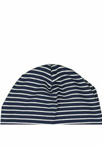 Raidallinen pipo tummansinisestä ja valkoisesta neuloksesta, pyöreä muoto, jossa on kokoontunut yläosa ja vaaleanraitaset vaakasuorat raidat.