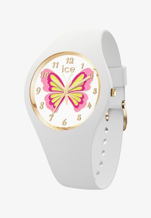 Witte silicone horloge met een roze en groene vlinderontwerp op een witte wijzerplaat. Gouden accenten op de lunette en een gouden sluiting.