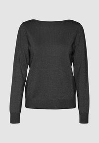 Maglione nero a maniche lunghe in un tessuto morbido e strutturato con un leggero luccichio metallico. Presenta un ampio scollo arrotondato e polsini a costine.