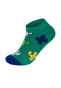 Green cotton ankle sock with a blue toe, featuring colorful cactus patterns in white, yellow, green, and dark blue.