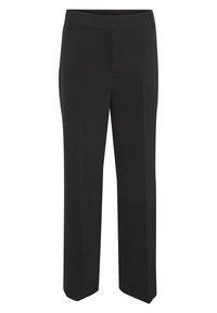 Pantaloni neri a gamba dritta con davanti piatto, due tasche laterali e una superficie liscia, progettati per un aspetto pulito e sartoriale.