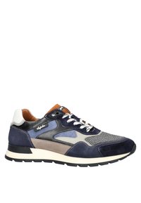 Baskets bleu marine et gris en daim et mesh, avec une épaisse semelle blanche et des accents en cuir contrastants. Design à lacets avec un détail de logo.