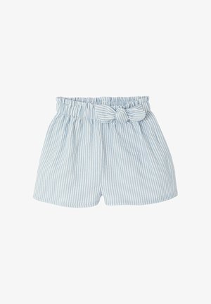 Hellblau-weiß gestreifte Shorts für Kleinkinder mit elastischem Bund und dekorativer Schleife vorne in der Mitte.