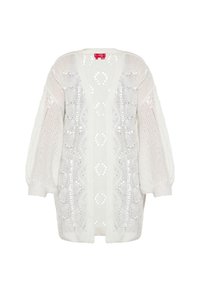 Weiße gestrickte Strickjacke mit V-Ausschnitt, offener Front und Dreiviertelärmeln. Auffällige Spitzenmuster und ein strukturiertes Design.