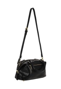 Fekete bőr kézitáska texturált felülettel, cipzáras rekeszekkel és levehető vállpánttal. Aranyszínű fém kiegészítők.