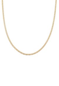 Collana a catena color oro con design a link interconnessi, texture liscia e spessore costante. Lunghezza adatta per essere indossata vicino al collo.