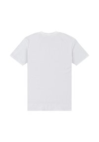 Bílý krátký rukáv T-shirt vyrobený z měkké bavlny. Má kulatý výstřih a hladký zadní díl bez jakýchkoli grafik nebo designů.