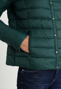 Veste matelassée vert foncé avec des coutures horizontales, des boutons-pression et des poches latérales. Présente un design élégant, léger et une texture lisse.