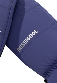 Ett par blå isolerade handskar med synliga sömmar och silverfärgad "Rossignol"-text på baksidan.