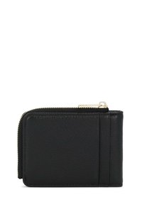 Cartera de cuero negro con cierre de cremallera, que presenta una superficie texturizada, compartimentos para tarjetas en un lado y bordes lisos. Acabados en tono dorado.