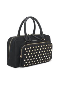 Borsa nera in materiale morbido con dettagli in borchie dorate, doppio scomparto con cerniera e manici superiori robusti per un facile trasporto.