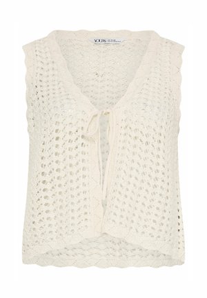 Gilet sans manches en crochet blanc avec bords festonnés et fermeture à nouer devant, taille indiquée UK 18-20.
