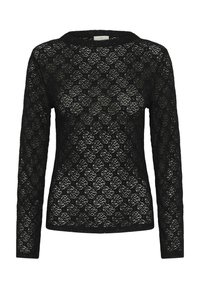 Sort blonde-sleeve top med blomstermønster, bådudskæring og let tekstur. Designet har en tætsiddende silhuet.