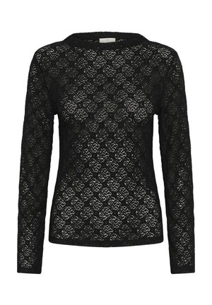 Crna čipkana bluza dugih rukava s cvjetnim uzorkom, brodasti izrez i lagana tekstura. Dizajn se odlikuje tijesnim krojem.