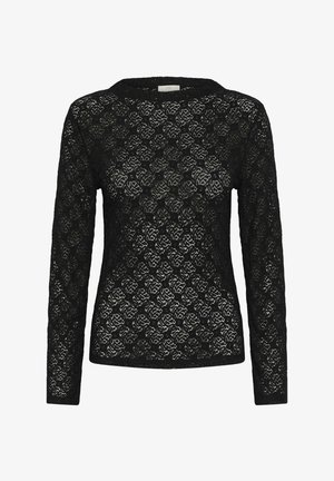 Crna čipkana bluza dugih rukava s cvjetnim uzorkom, brodasti izrez i lagana tekstura. Dizajn se odlikuje tijesnim krojem.
