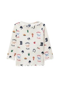T-shirt à manches longues côtelé en crème avec un motif coloré "Poney Club", présentant divers motifs équestres. Ourlet festonné et fermeture à boutons.