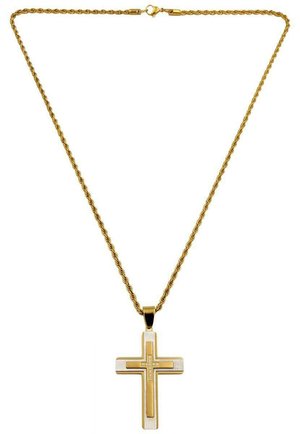 Goldfarbene Halskette mit einer gedrehten Kette und einem Kreuzanhänger, der eine weiße Mitte sowie dekorative Akzente aus kleinen Steinen aufweist.