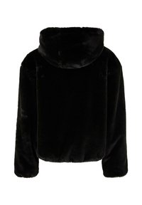 Veste à capuche en fausse fourrure noire avec manches longues, ourlet raccourci et texture pelucheuse, vue de dos.