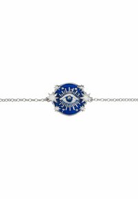 Hopeaketju, jossa on sininen pyöreä riipus, jossa on keskellä silmä ja ympärillä tähti- ja sädesuunnitelmia.
