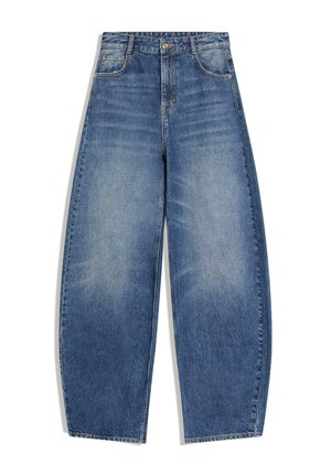 Modré džínové kalhoty s vysokým pasem a širokými nohavicemi, s předními kapsami, knoflíkem, zipem a jemným vyblednutím na stehnech.