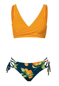 Two-piece bikini featuring a bright yellow, cross-over bralette and navy bottom with orange fruit pattern, adjustable side ties, and soft fabric.