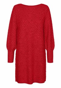Abito rosso a maglia caratterizzato da un motivo diagonale testurizzato, con maniche a sbuffo lunghe e scollatura ampia. Materiale morbido e caldo.
