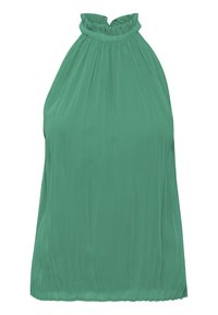 Vihreä, hihaton halterneck-paita, joka on valmistettu kevyestä kankaasta. Ominaisuudet, kuten kerrostettu kaula-aukko ja virtaava muotoilu, pehmeä tekstuuri.