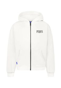White zip-up hoodie made from cotton blend, featuring a front pocket, a drawstring hood, and "PEQUS" printed in black on the left chest.