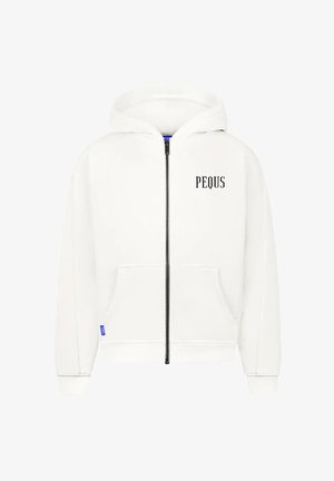 White zip-up hoodie made from cotton blend, featuring a front pocket, a drawstring hood, and "PEQUS" printed in black on the left chest.