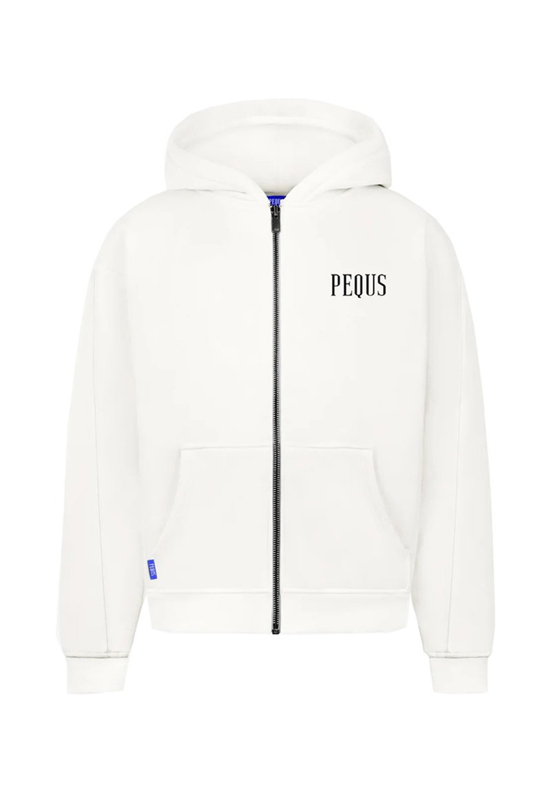 White zip-up hoodie made from cotton blend, featuring a front pocket, a drawstring hood, and "PEQUS" printed in black on the left chest.