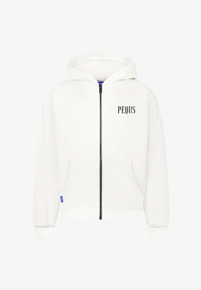 White zip-up hoodie made from cotton blend, featuring a front pocket, a drawstring hood, and "PEQUS" printed in black on the left chest.