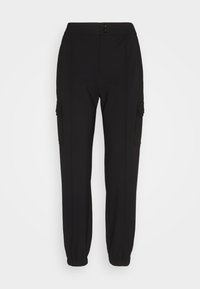 Pantalon cargo noir en tissu lisse, avec poches latérales, taille ajustée et poignets élastiques aux chevilles pour une silhouette fuselée.